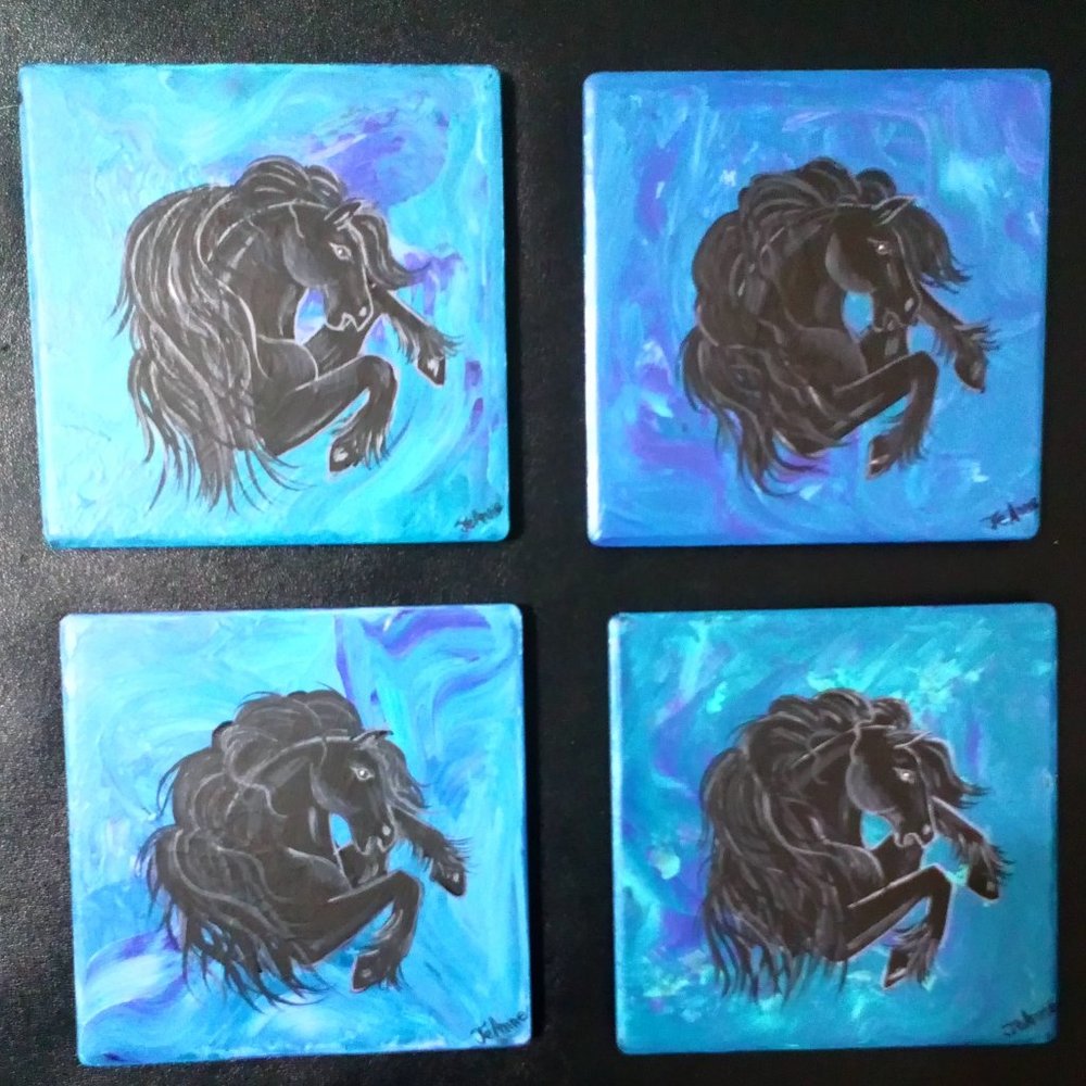 Hand Crafted Painted Friesian Horses Cerulean Blue Coasters Home Decor Interior